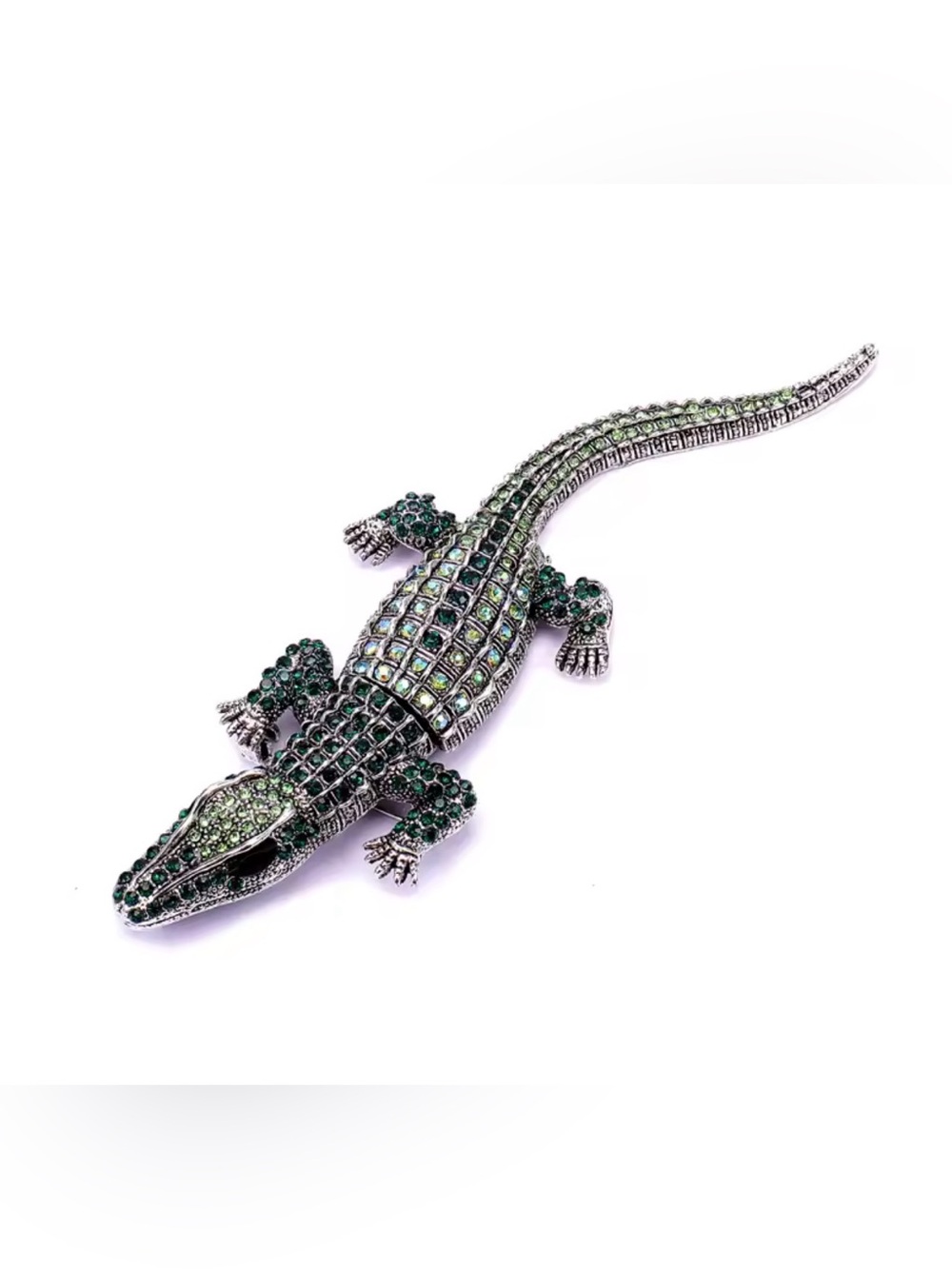 Vintage Art Deco Style Green Crystal Large Crocodile Brooch / Pendant Jewellery